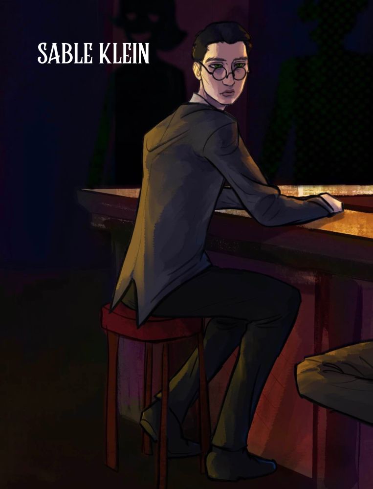 An art piece of a pale man with round glasses looking over his shoulder and sitting at a bar