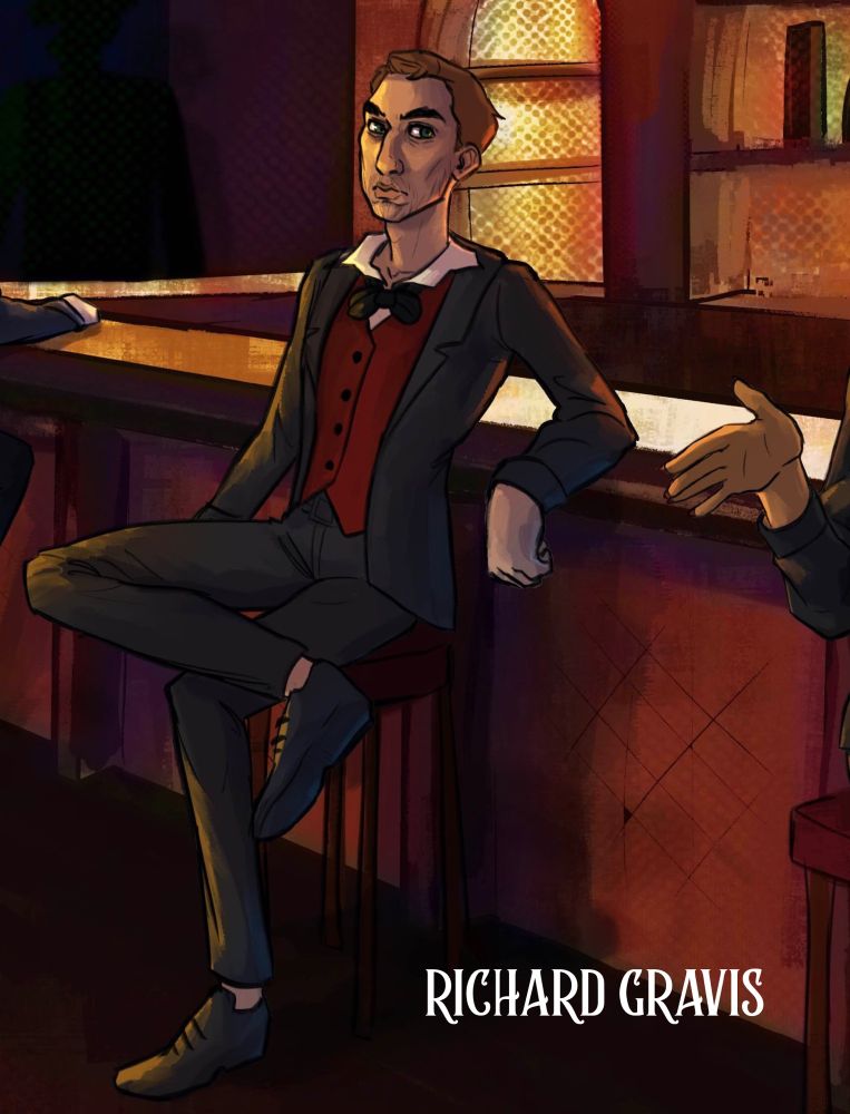 An art piece of a man in a red suit coat and a plain black suit sitting at a bar