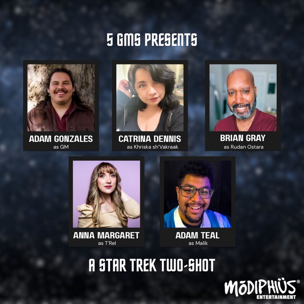 A space background with the text “5 GMs Presents a Star Trek Two-Shot” 

Headshots of Adam Gonzales, Catrina Dennis, Brian Gray, Anna Margaret and Adam Teal are on it
