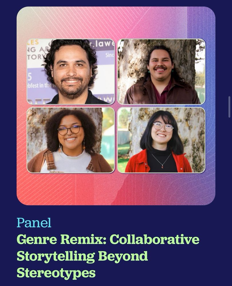 A screenshot of the Game Devs of Color website. It is the headshots of Jesse, Adam, Tanlynn and Kim with the panel title “Genre Remix: Collaborative Storytelling Beyond Stereotypes”