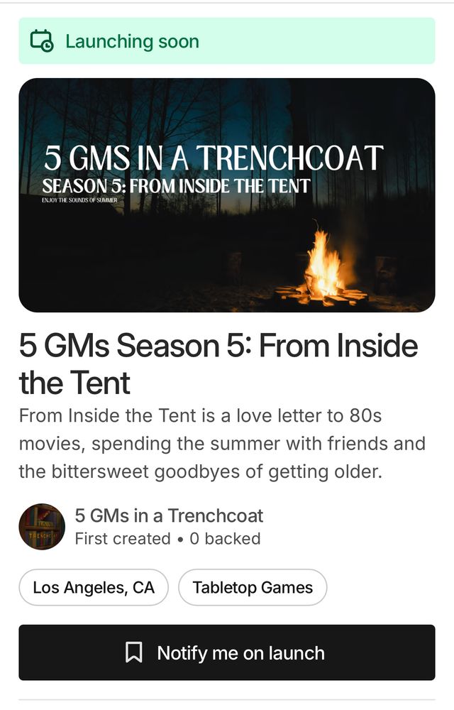 A screenshot of the preview page for the Kickstarter 5 GMs Season 5: From Inside the Tent
