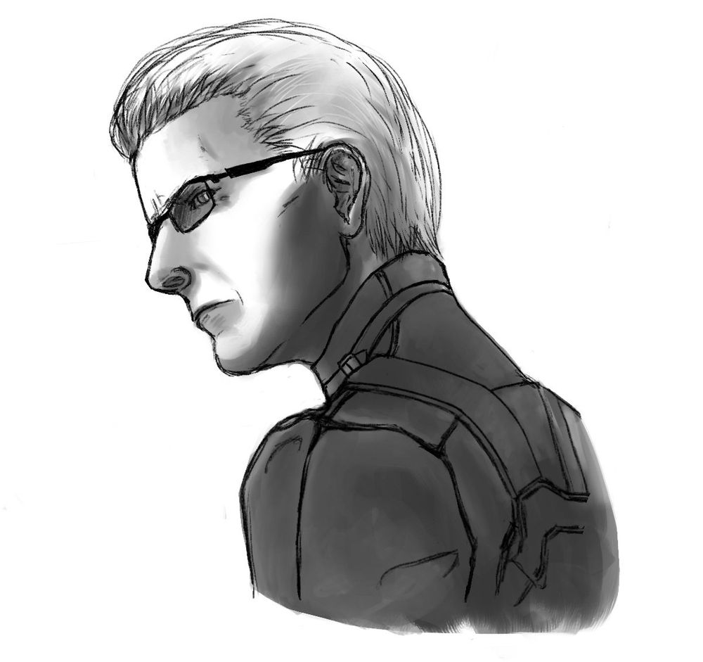 Digital sketch of Albert Wesker from Resident Evil 5 looking over his shoulder at something out of frame. End description, rambling follows.

I made a couple of Wesker sketches on my android tablet in the hospital while waiting for and recovering from surgery. I had brain melting anxiety leading up to it and the only way I knew how to cope was by choking the nearest white blond eugenicist I could find 😔