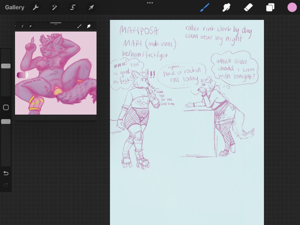 a screenshot of a nsfw character reference sheet. there are sketches of a wolf/fox furry working at a roller rink, and roller skating while drinking boba tea. to the left is a reference of the same furry in a sexual pose with his legs spread and a dildo in his pussy while he makes a lewd face.