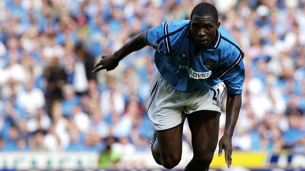 Marc Vivien Foe in Manchester City kit.