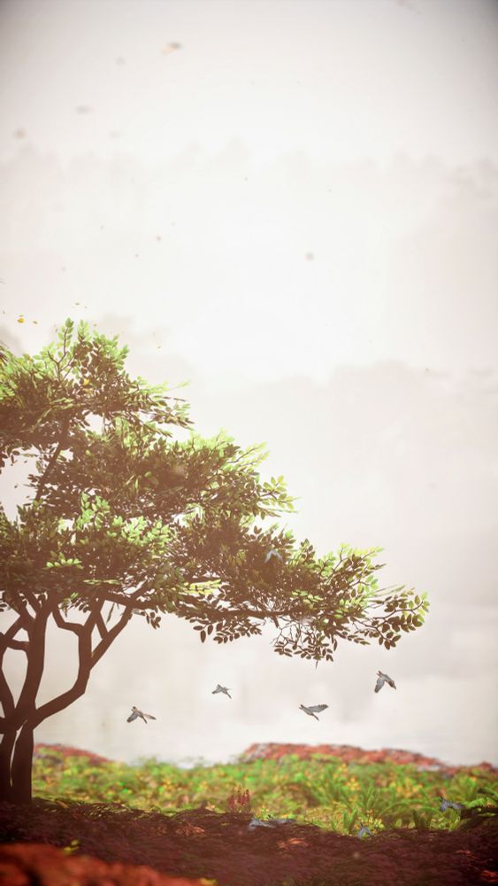 Virtual Photography from Horizon Zero Dawn Remastered. Some birds flying under a tree, with a white sky in the background.