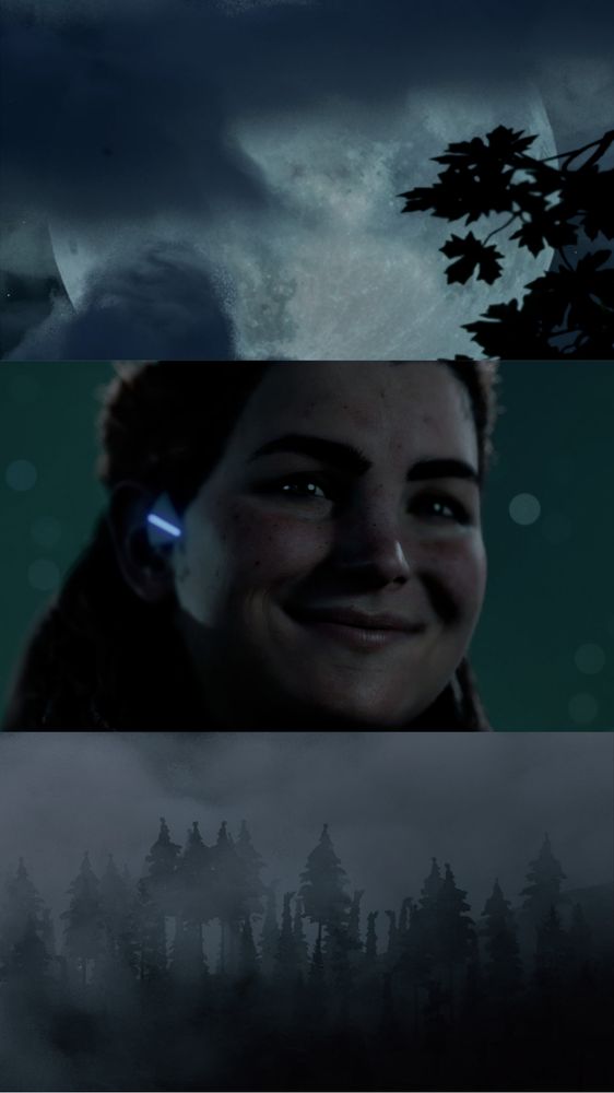 Collage 3/4. In the top photo, the silhouette of some tree branches, with the moon covered by clouds in the background. In the middle photo, another portrait of Aloy smiling. In the bottom photo, a foggy forest.