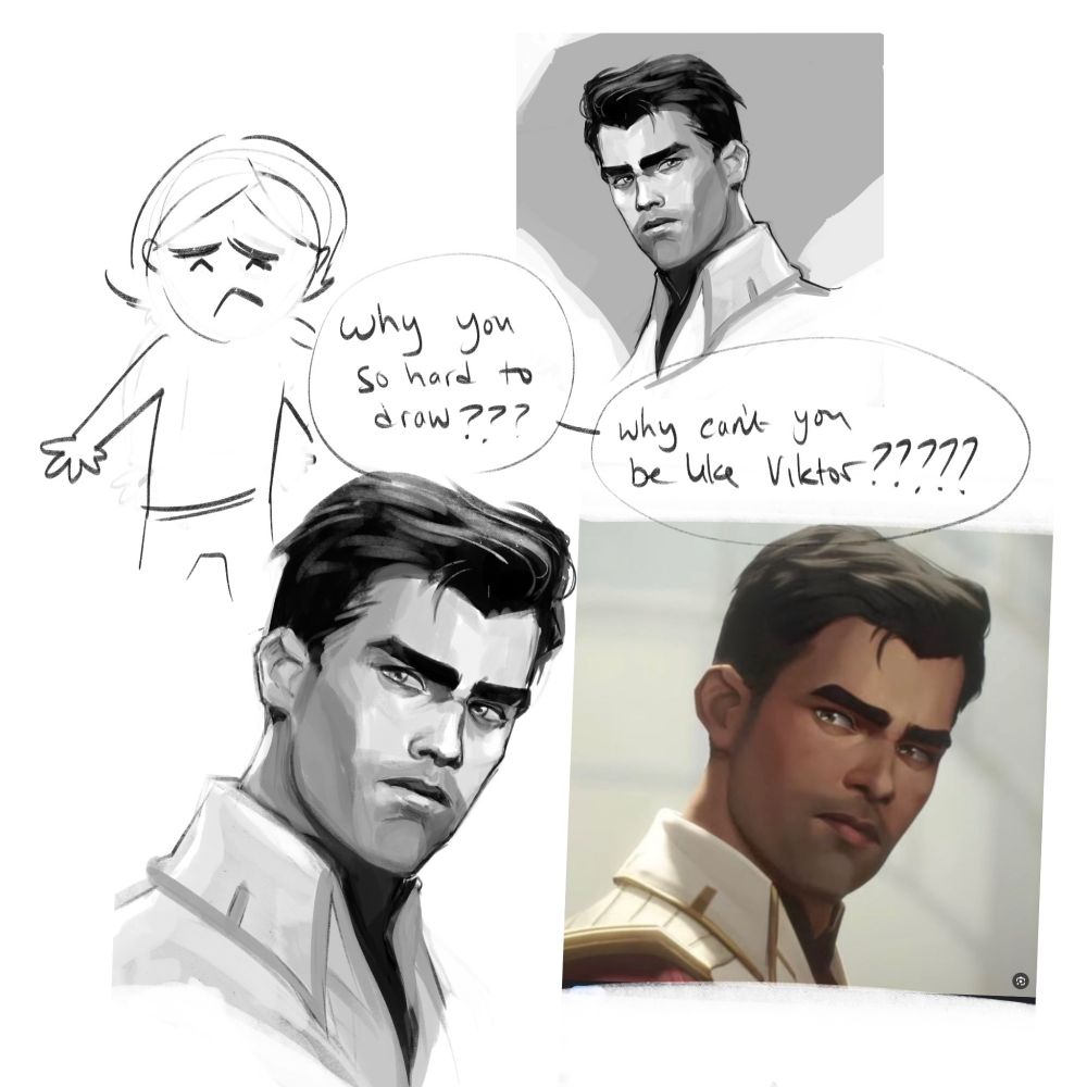Illustration of the artist depicted as a simple line drawing while woefully shouting 'Why you so hard to draw - Why can't you be like Viktor?' at portraits of Jayce Talis that she has drawn. With great difficulty.
