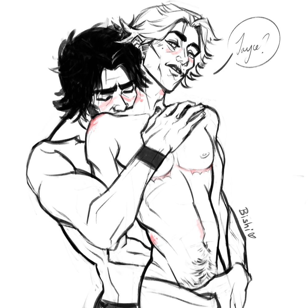 Viktor stands baring his chest and stomach while Jayce holds him from behind and kisses his shoulder blade.