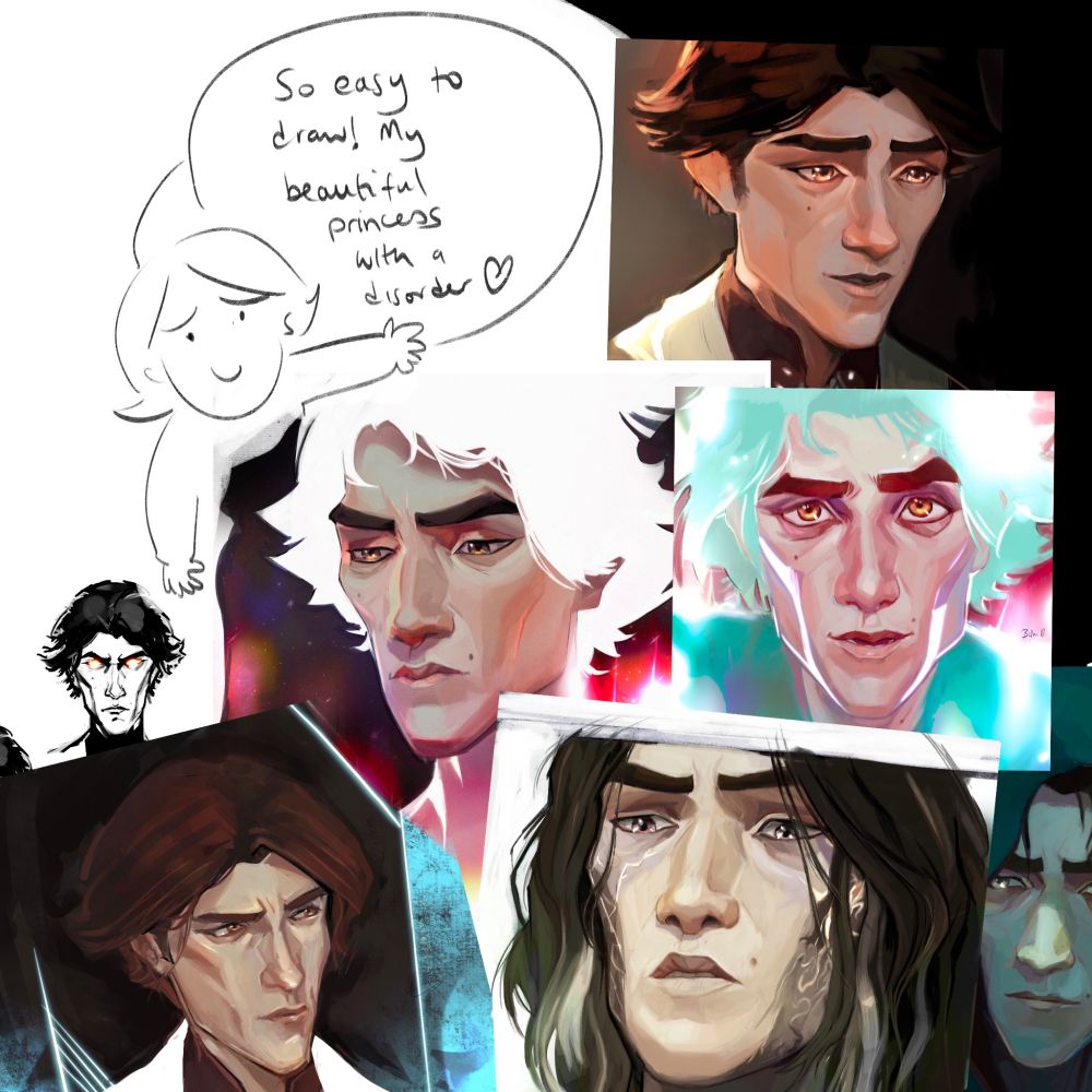 Illustration depicting the artist as a simple line drawing, exclaiming 'So easy to draw! My beautiful princess with a disorder' while gesturing towards portraits of Viktor from Arcane that they have drawn.