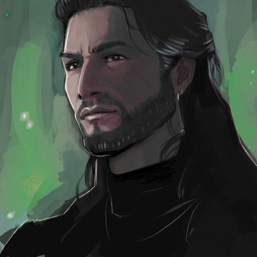 Portrait of Gale Dekarios in an alternate modern universe. Gale is depicted against a green background, with long flowing hair, which is tied up in a loose half bun at the back. He wears a black turtleneck and a small, gold hoop earring catches the light on his ear.