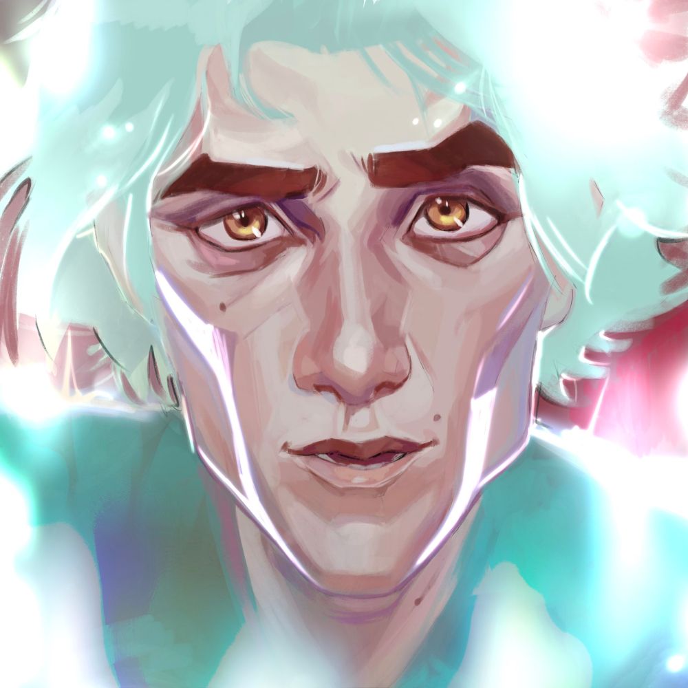 Illustrated portrait of Viktor from Arcane. Viktor is seen from the neck up, lips parted, gazing intently at the viewer. His hair is white and teal and it flutters around his face.