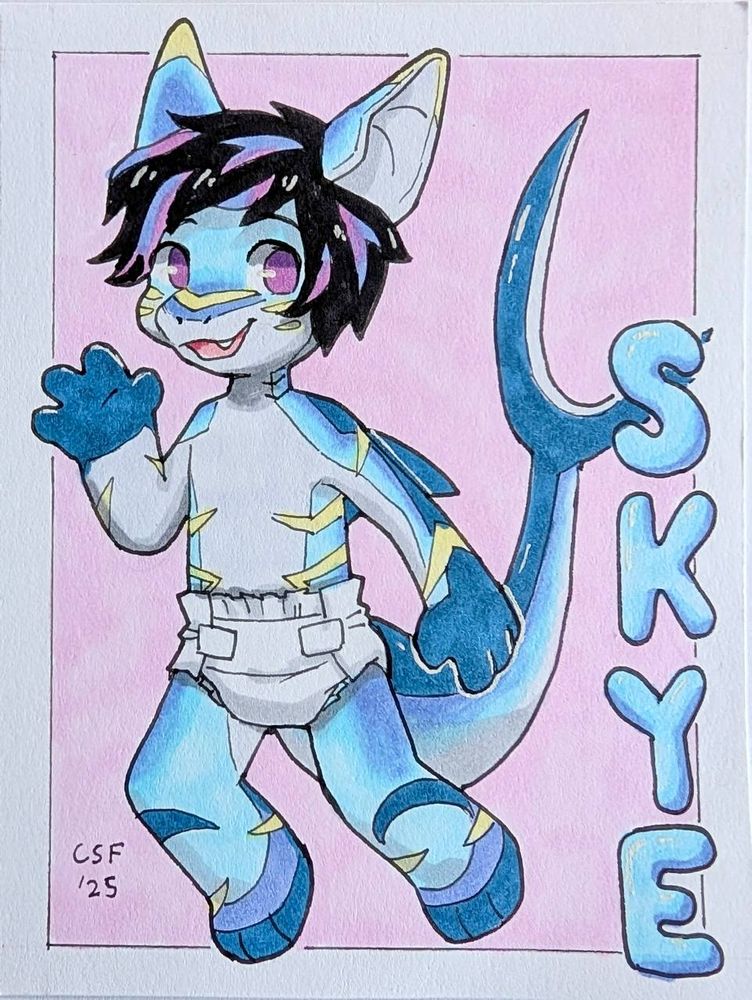 skye, a thresher blue shark with yellow markings and black hair, waving at the viewer. wearing a white diaper. copic marker badge.