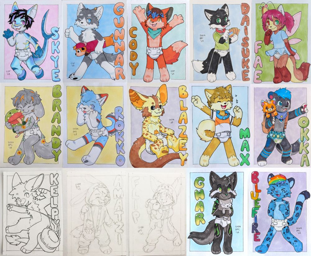set of 15 furry name badges in a grid, pen with marker