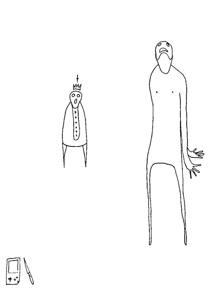 the Drawing shows A citizen who looks at the sky.
In the background a religious ruler.
A Gameboy and a Knife.