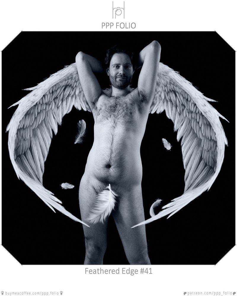 Composite black and white image of a nude male model with wings added .. a feather conceals full nudity. 