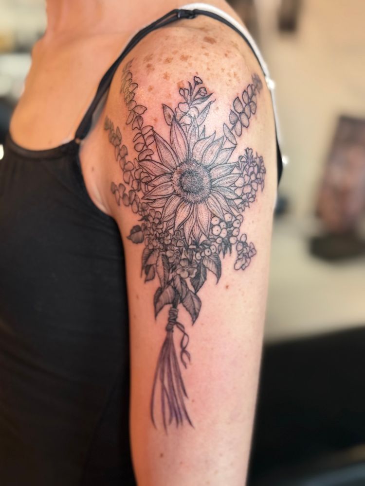 Black work tattoo floral tattoo wedding bouquet. Best tattoos spell tattoo. 