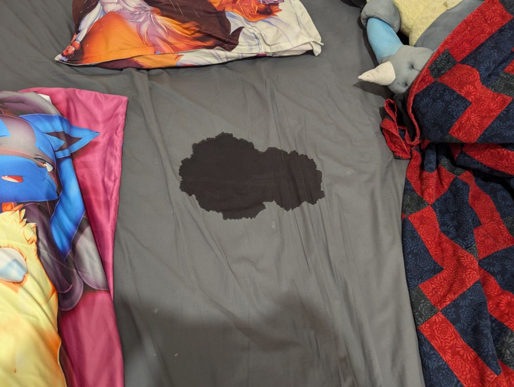 Photo of a bed sheet with a large, dark wet spot from a leaky diaper