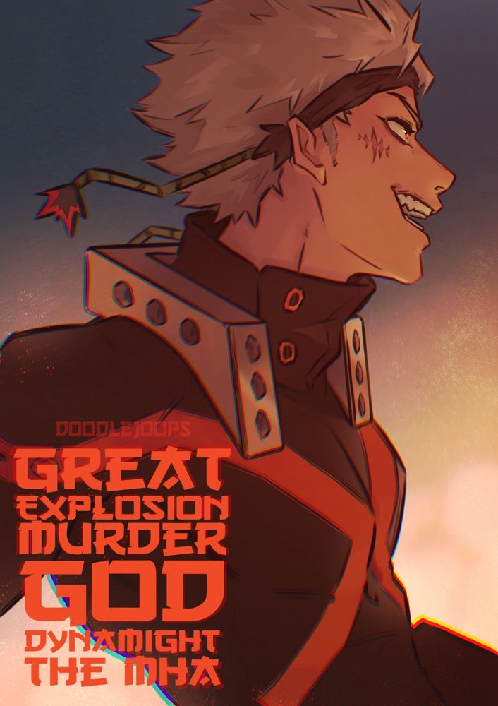 Digital art of Bakugou Katsuki Kacchan Great Explosion Murder God Dynamight celebrating winning the BNHA final popularity poll with a triumphant grin on his face