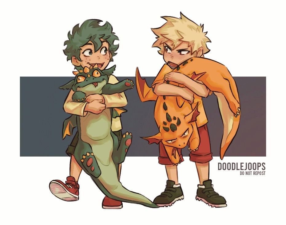 Digital procreate painting of young Midoriya Izuku / Deku and young Bakugou Katsuki / Kacchan from BNHA / My Hero Academia. They are talking, each of them holding baby dragons in their own green and orange colours. Deku's dragon looks a little derpy, held up under the arms. Kacchan's dragon is held tightly around its waist, upside down, and looking very put out by the whole ordeal.
