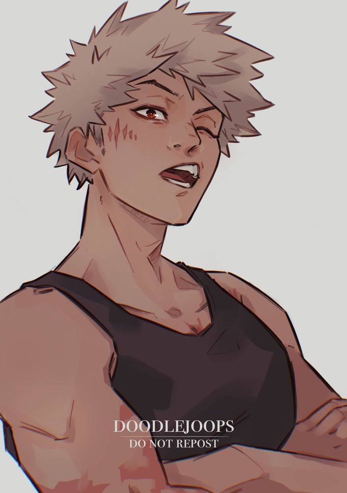 Digital portrait painting of Kacchan / Bakugou Katsuki from BNHA / MHA standing with his arm crossed. He is wearing a black tank top, with his lips drawn up showing his teeth, and winking his right eye.