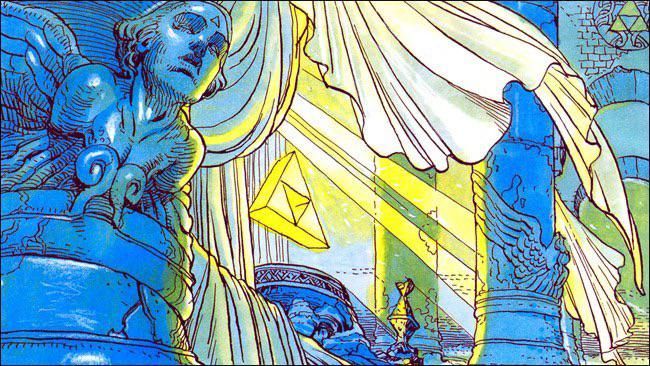 The Triforce (three golden triangles forming one large triangle) floating in the air in a bluish, ancient-looking room filled with pillars with statues at their bases. The statues depict what looks like a person (from the chest up) with wings and a small triangle on their foreheads. Behind the Triforce, golden light is pouring into the room. There are white curtains behind the Triforce as well, moving as if a breeze is blowing.