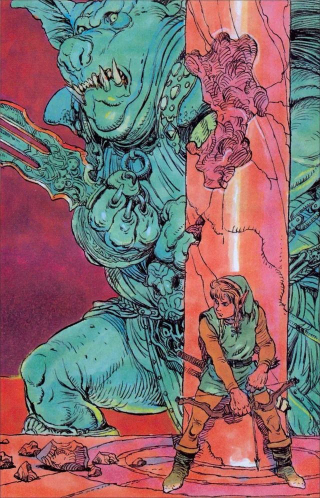 Drawing of Link and Ganon by Katsuya Terada. The illustration is colored with shades of reds and blues. Link is hiding behind a damaged pillar and readying his bow and arrow. Behind that is Ganon, a giant, bipedal, pig-like monster, facing left but eyeing the pillar suspiciously. He's holding what appears to be a large trident in his clawed hands.