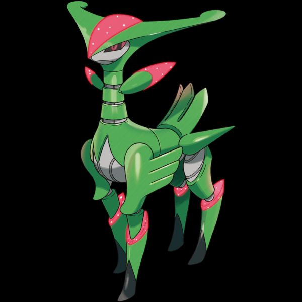 A picture of Iron Leaves. Iron Leaves looks sort of like a green and silver robotic deer with pink eyes and accents.