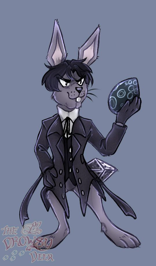 A fullbody drawing of January Q. Irontail from the Rankin & Bass stopmotion film,  Here Comes Peter Cottontail. He has purple-grey fur, sharp pointy ears, black hair, and a cleft chin. His tail is an iron prosthesis. He's wearing a black trench coat over a black waistcoat and white undershirt, and is holding up a strange black egg with lighter circles on it.