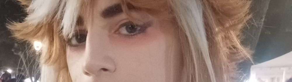 Closeup of my eyes in my Gorou casual summer cosplay with makeup and some editing