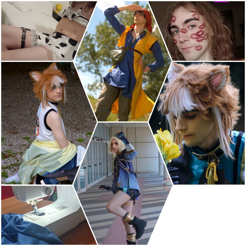 A bunch of my photos displayed together. From top left going right: me in a cow fit with tummy exposed, me as Hero from Dragon Quest VIII, selfie with lipstick filter, me as casual Gorou looking back towards the camera, me as Freminet from Genshin Impact, me as Gorou from Genshin impact posing next to a yellow flower, me sewing stuff