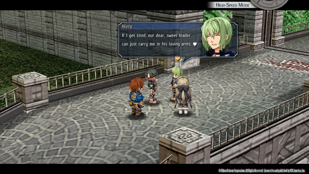 Screenshot from the legend of Heroes trails to Azure, showing party member wazy saying: "If I get tired, our sweet, dear leader can just carry me in his loving arms. <3"
Truly a line of all time 