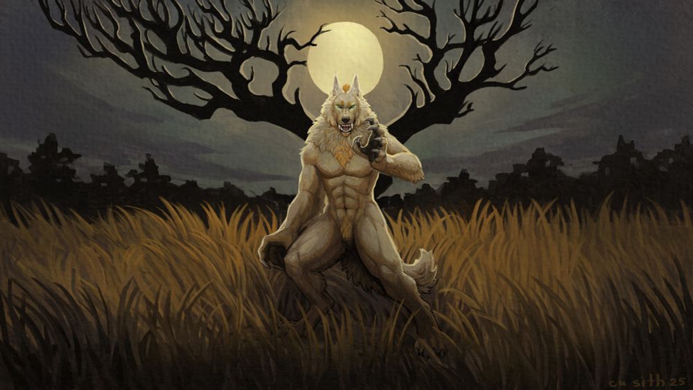 a white werewolf in a field, with a full moon in the background