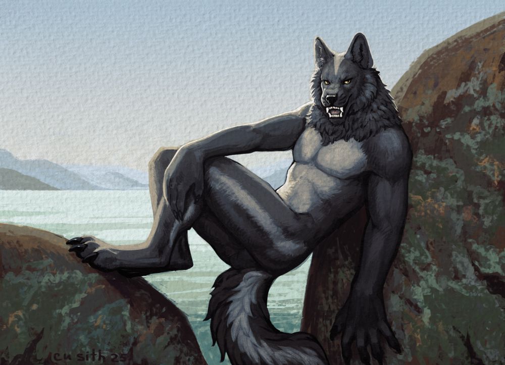 anthro wolf smiles against the sea, leaning on the rocks