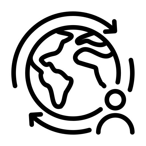 black and white icon of a globe encircled by arrows, with a human figure represented by head and torso in the lower right corner