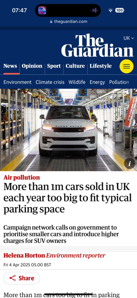 Guardian article with photo of large white SUV taking up a full parking space width no space to exit the car.

Headline “more than a million cars sold in UK each year too big to fit typical parking space.”

Sub heading “Campaign network calls on Government to prioritise smaller cars and introduce higher charges for SUVs”




