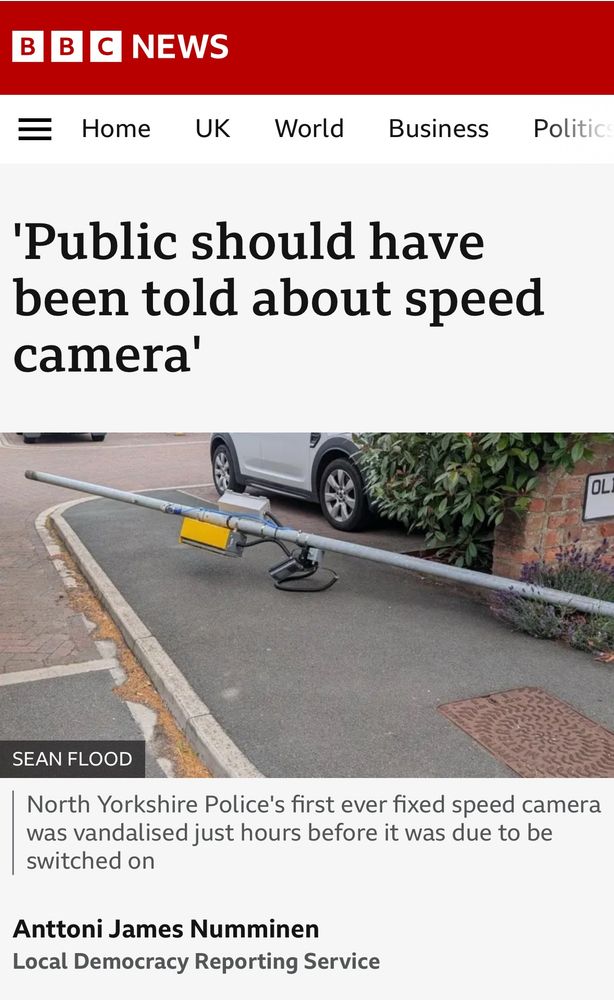 BBC News website headline “public should have been told about speed camera” with image of a speed camera and pole lying cut down on the pavement. 