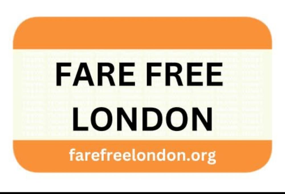 Logo for Fare Free London campaign based on paper tube ticket. With orange stripe top and bottom and pale yellow background on middle with black text “FARE FREE LONDON”

Also web address farefree london.org