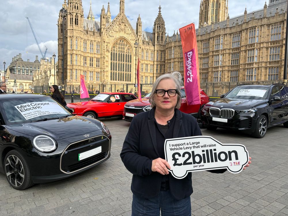 Caroline standing in the wind in front of a range of cars with car dealership style flags in front of Parliament. Holding a sign saying I support a large vehicle levy that will raise £2billion.