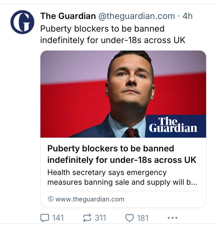 Guardian article with photo of Wes Streeting MP with his chin in the air defiantly. Red background. Headline “puberty blockers to be banned indefinitely for under 18s across the UK”