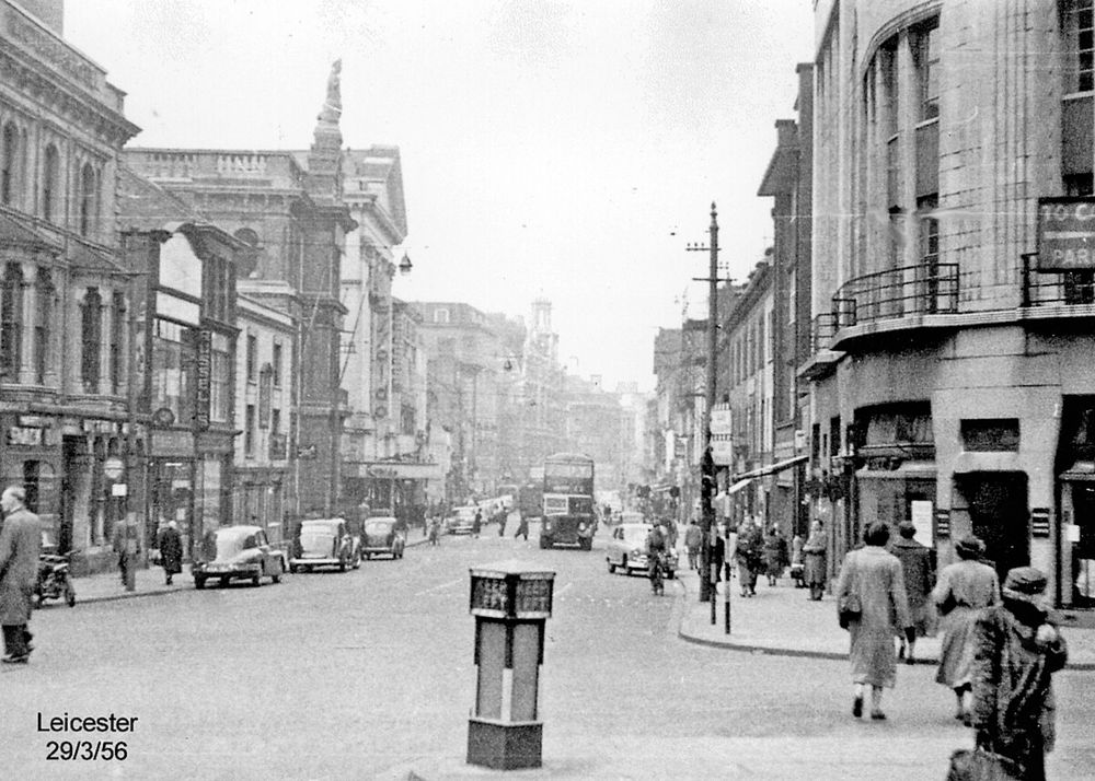 A view down Granby Street from the station end. In the foreground is a keep left bollard and the various cars line the streets.