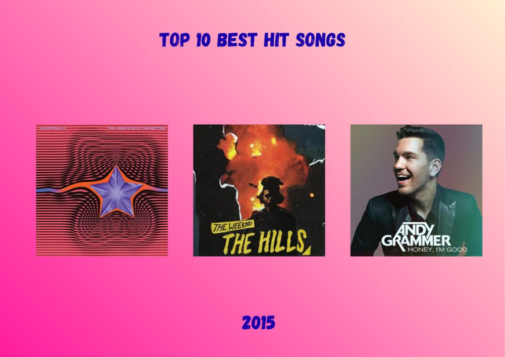 Thumbnail for the best songs of 2015 list including cover art for The Less I Know The Better by Tame Impala, The Hills by The Weeknd, and Honey, I'm Good by Andy Grammer