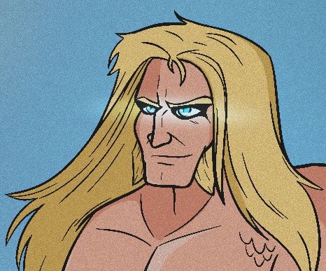 A closeup of his face, there is a light radiating from his eyes