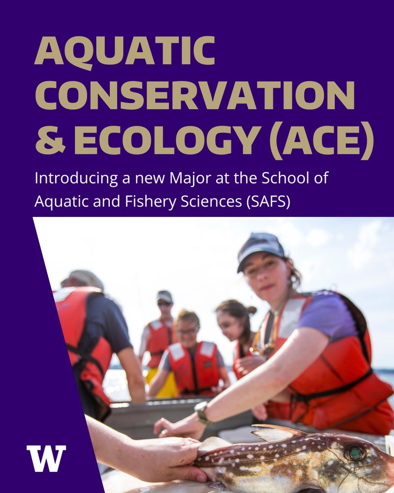 A poster about the new Aquatic Conservation and Ecology major at SAFS, with a large photo of people on a boat and someone holding a fish. The text has gold and white letters against a purple background.