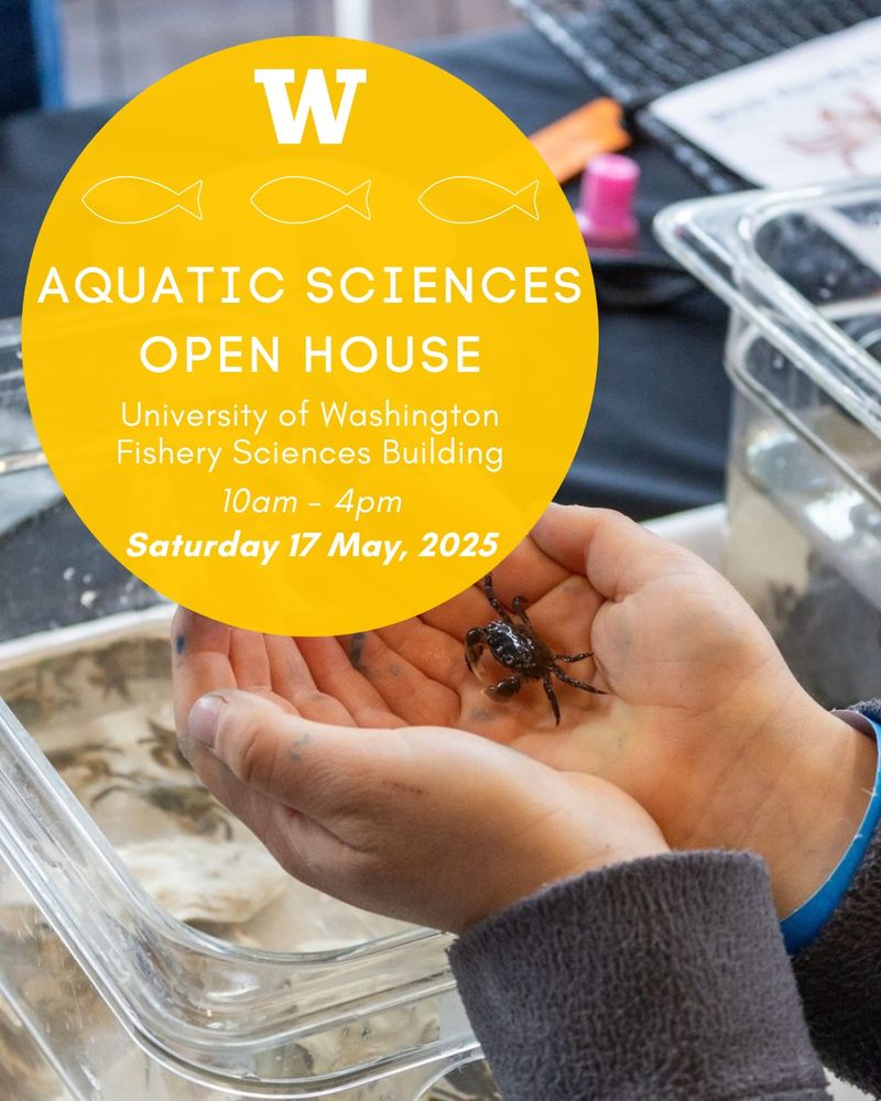 Aquatic Sciences Open House poster showing a child's hands holding a small crab