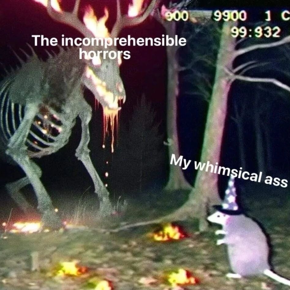 An image of a giant flaming moose skeleton with spikes running down its back which is labeled "The incomprehensible horrors" advancing towards an unbothered-looking opossum standing on its hind legs and wearing a wizard hat which is labeled "My whimsical ass". The backdrop is a dark forest, and the image looks like it was taken on a trail camera.