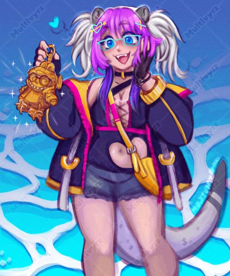 The drawing of KalikoSeaOtter's vtuber, holding a tiny golden labubu of her husband, Jef the Tasmanian Devil. She holds her cheek with her other hand, gazing at him in awe. The backdrop is a hand drawn water graphic.
The outfit they are wearing is a black bathingsuit with a heart shaped cutout over her tummy and a lace peekaboo chest window with pink trim. She is wearing cyan rectangle glasses, a cyan heart with a golden arrow hair pin, and crisscrossed gold and cyan bobby pins.
She wears a black jacket with a pink zipper and yellow trim/cuffs, and a pair of dark denim cutoff shorts, with a bright yellow heart shaped purse slung over her right shoulder and left hip.