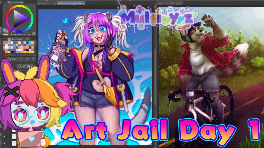 a screenshot of ClipStudioPaint with Jaxxon Shryke's pixel modle on the left hand side. 
The drawing of KalikoSeaOtter's vtuber is on the left, holding a tiny labubu of her husband. She holds her cheek with her other hand, gazing at him in awe. The backdrop is a hand drawn water graphic.
The drawing of Amato Raccoon riding a road bicycle on a park path, turning to look into the light and shielding his eyes, smiling cheerfully as the wind blows through his beard, flannel shirt, and flowing tail.
The background is a lush green bike path with grass, bushes, and trees as far as the eye can see on a pale blue sky.

The text "Art Jail Day 1" and the Multivyrz channel logo are over the pictures.