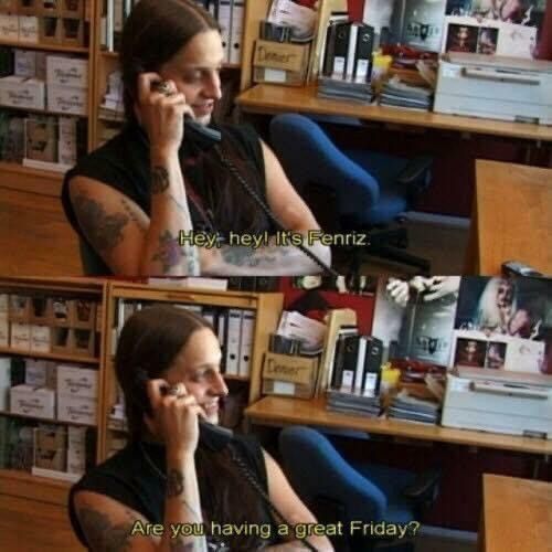 Screenshot from Until the Light Takes Us of Fenriz sitting in his office talking on the phone in a black sleeveless shirt and he says "Hey hey! It's Fenriz. Are you having a great Friday?"