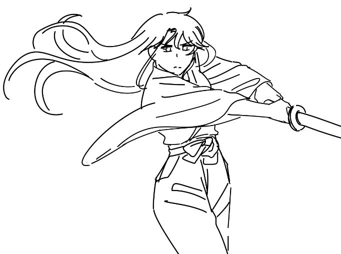 긴머리의 여성이 무녀복을 입고 칼을 휘두르고 있는 걸 그린 러프한 낙서