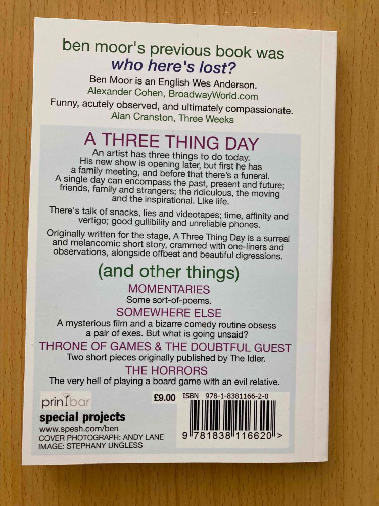 The back of the book A Three Thing Day (and other things) by Ben Moor.